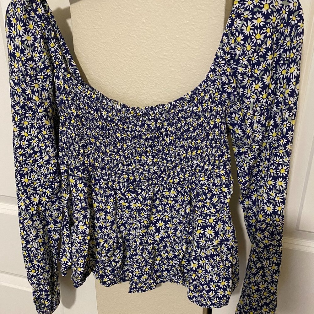 Off-the-shoulder Blue & Yellow Floral Blouse